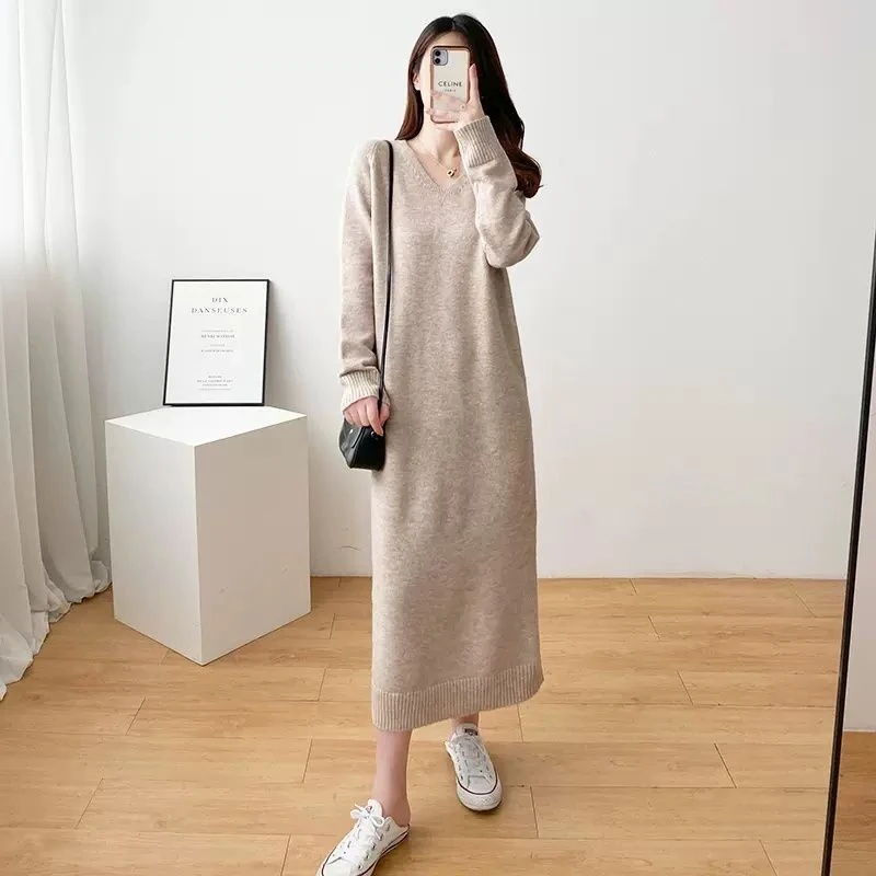 Senhoras de malha com decote em v solto ajuste camada base saia outono inverno casual em linha reta estilo coreano para mulheres escritório data outfit presente