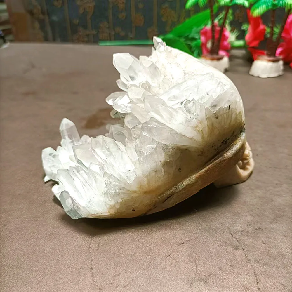 

Natural energy chrysanthemum crystal cluster carved skull, Reiki home decoration Chakra healing exquisite gifts