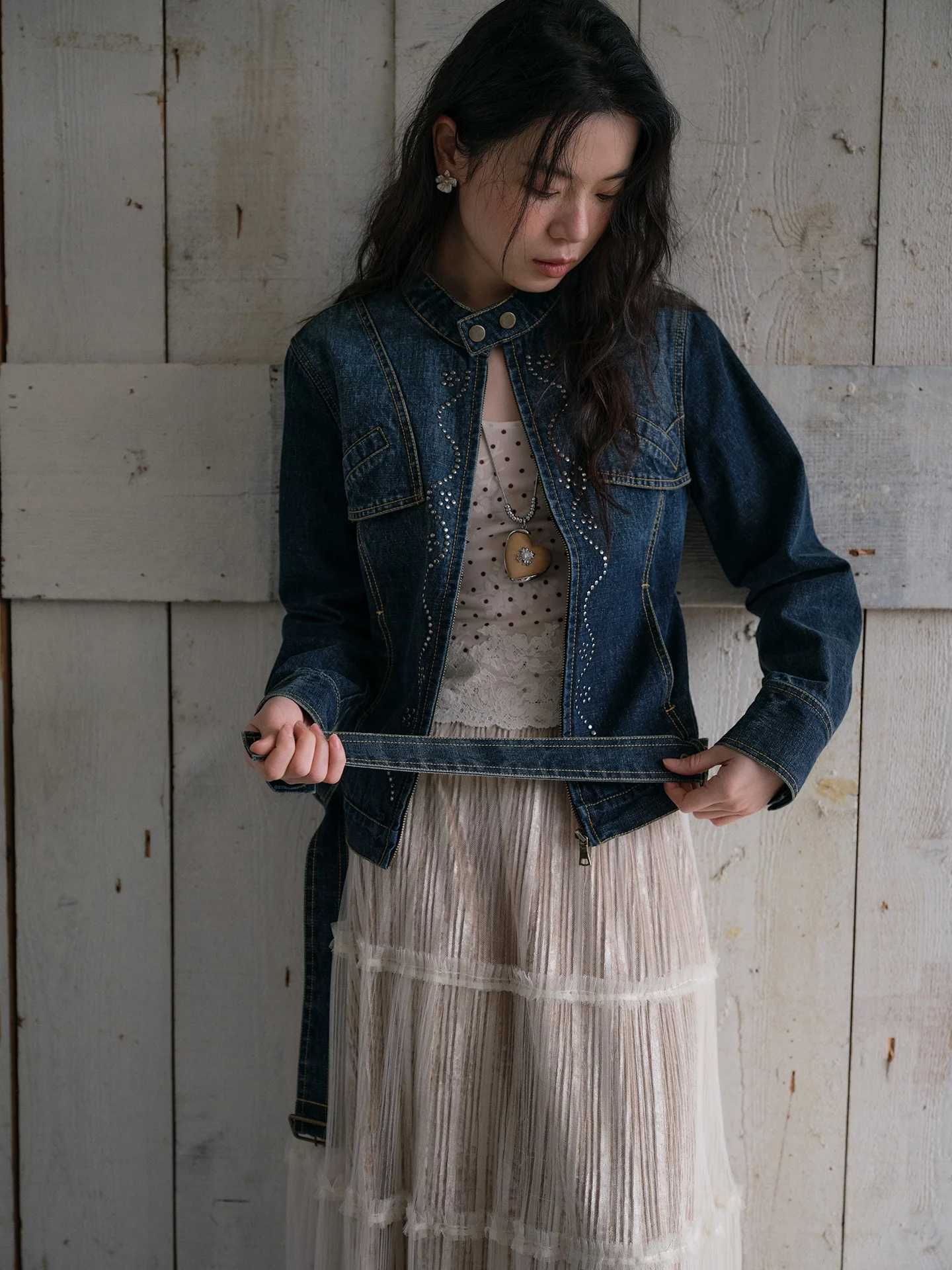 

Chic Casual Loose Women's ort Denim Jaet Stand Collar Lazy Sle Top Windproof Cotton Blend Spring Faion 2026