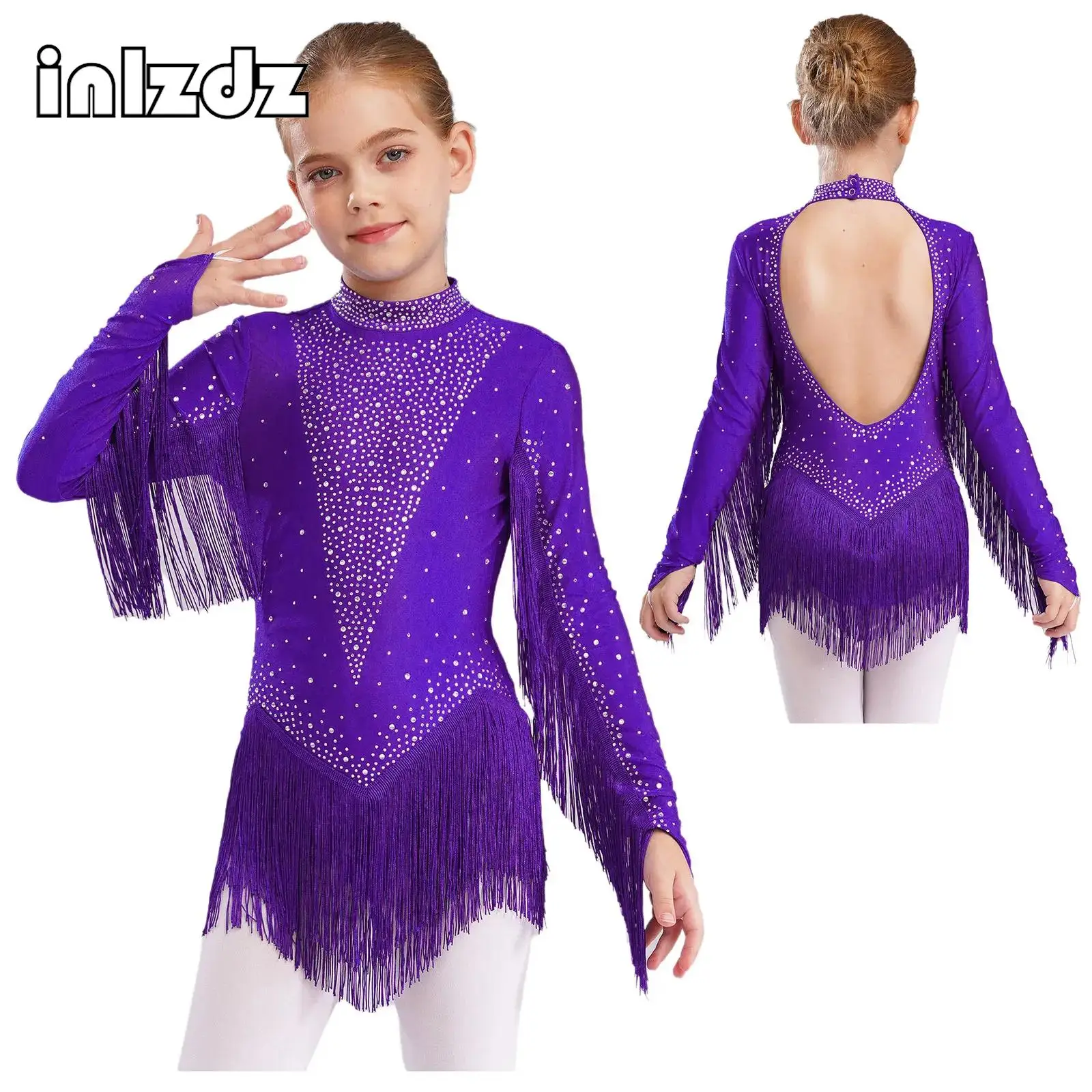 

Kids Girl Sparkling Rhinestones Tassels Latin Dance Leotard Cutout Back Fringe Bodysuit for Chacha Samba Dance Party Performance