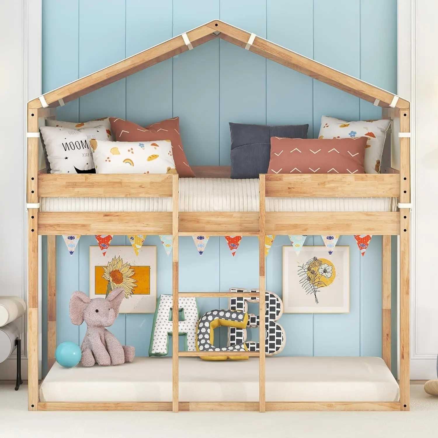 

Playhouse-Inspired Style Wooden Twin Over Full Bunk Bed, Loft Bed with Playhouse, Farmhouse, Ladder and Guardrails