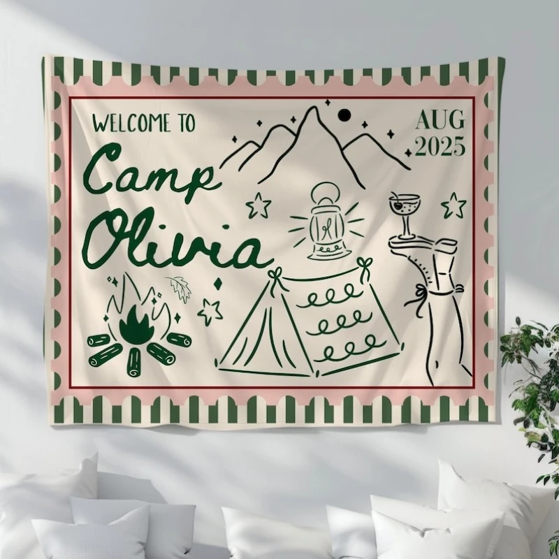 1pc Custom Camp Heather Bachelorette Camp Tapestry Retro Boho Camping Party Wall Hanging Decor for Bedroom Dorm Living Room