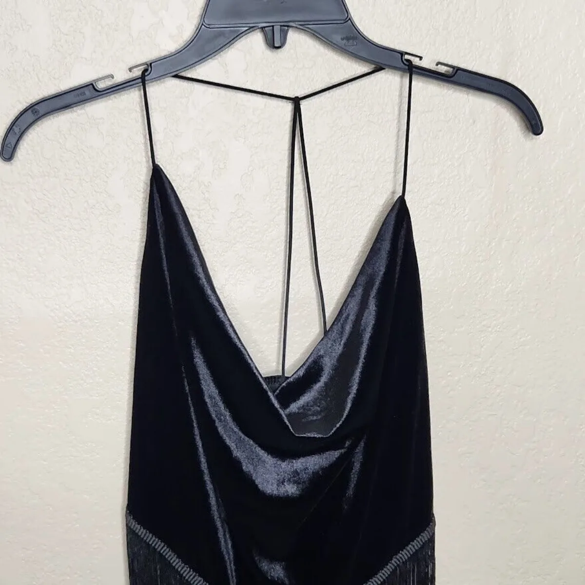 Us-Tank Top Womens XL Black Polyester Velvet Fringe Hem Spaghetti Strap