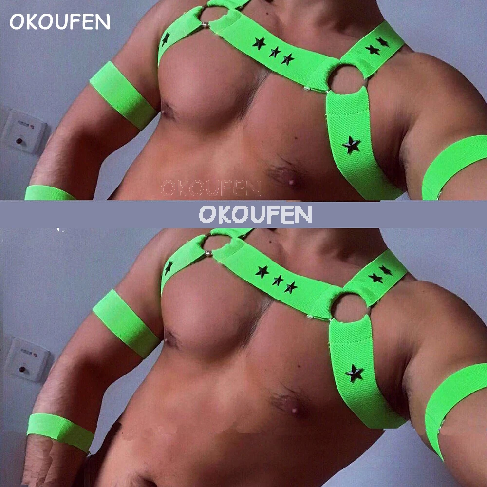 

Nightclub male singer performing muscle bandage sexy stage dance costume men's green fluorescent elastic bandage