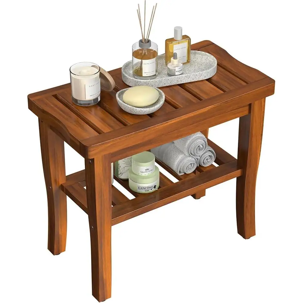 Wooden Teak Shower Bench with Storage Shelf Waterproof Non-Slip Feet Curved Design Easy Assembly Bathroom Stool Elderly Safety