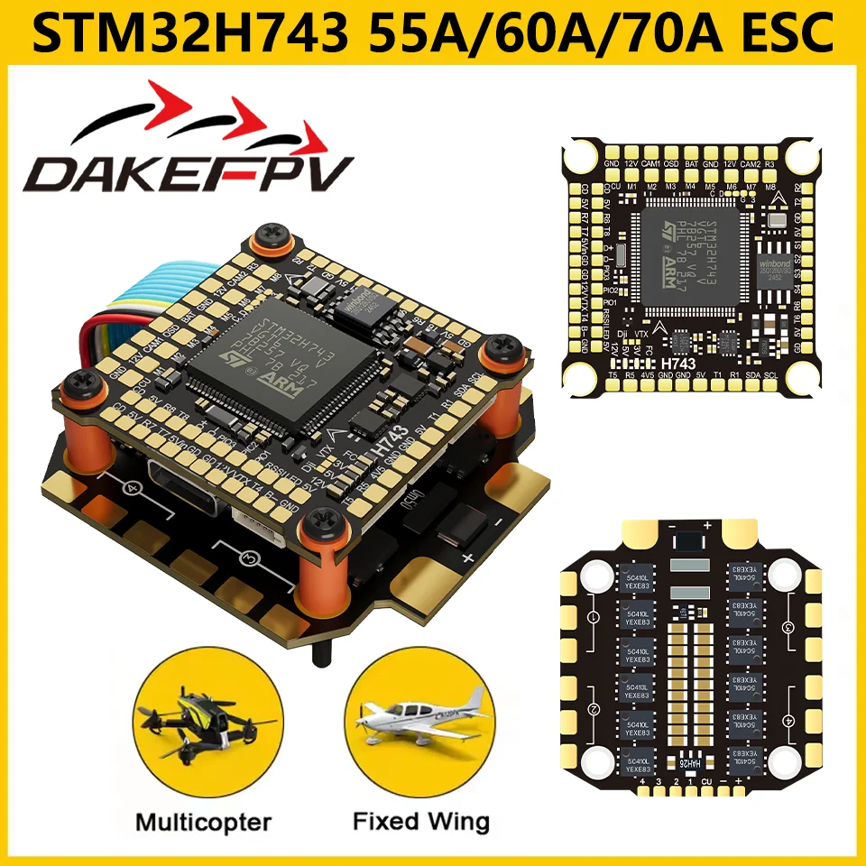 

DAKE H743 FC Stack/Flytower Flight Controller Board Barometer OSD 55A 60A 70A ESC for FPV Racing Drone Quadcopter