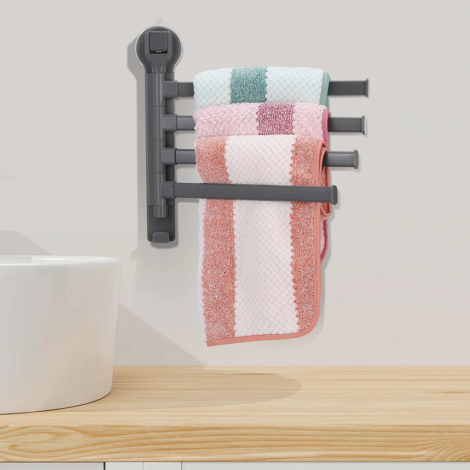 

4-Bar Suction Cup Rotating Towel Rack No Drill For Bathroom Adjustable Swing Arm Holder Smooth Surfaces Metal Abs Towel Bars