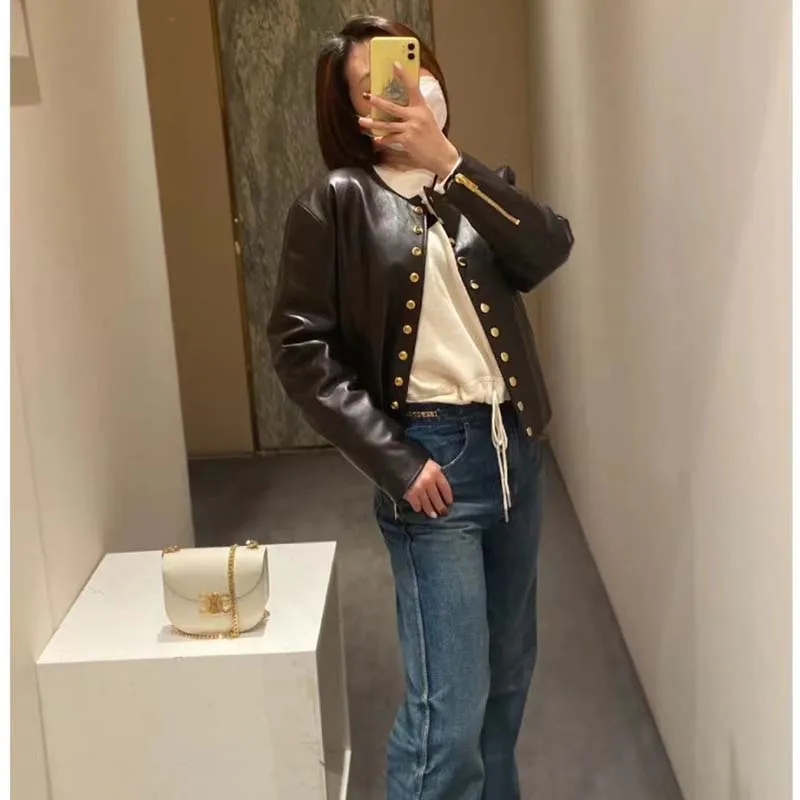 2023 New Fashion Women Coat Spring Real Sheepskin Single Breasted Gold Button O-Neck Collar Genuine Leather Jacket Casual Style