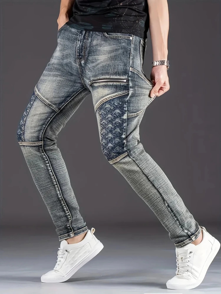Streetwear Men's Motorcycle Jeans Stretch Nostalgic Fashion ​​Casual Denim Trousers Slim Straight Patchwork Washed Cowboy Pants