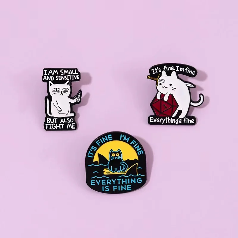 Cute Cat Enamel Pins Everything Is Fine White Cat with Knife Creative Badges Lapel On Backpack Jewelry Gift For Friend Wholesale