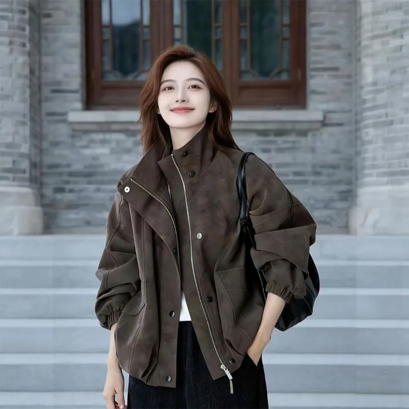 American Retro Leather Jacket for Women, Spring and Autumn 2026 New Short Style Stand Up Collar Zipper Jacket, High-end and Cool