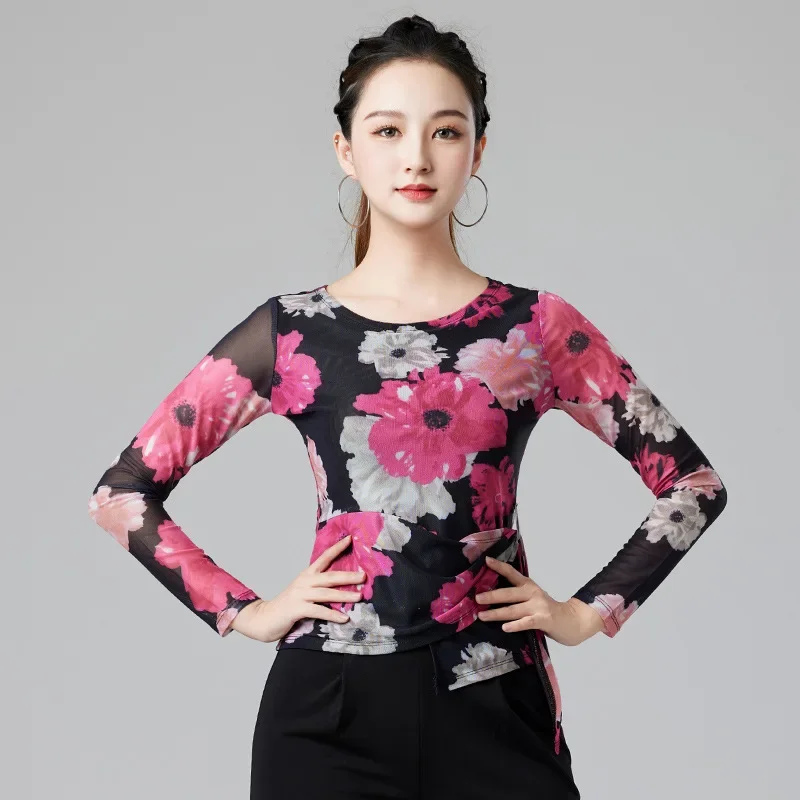 

New Print Top Modern Ballroom Dance Clothing Social Dancewear Latin Clothing Women's Long Sleeve Top Dance Practice Print Suit