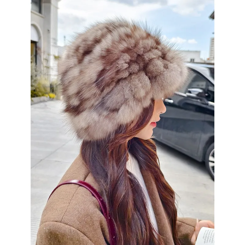 قبعة دلو شتوية سميكة من الفرو للنساء من Cloud Sable عالية الجودة، قبعة محبوكة دافئة، تظهر وجهًا صغيرًا #3