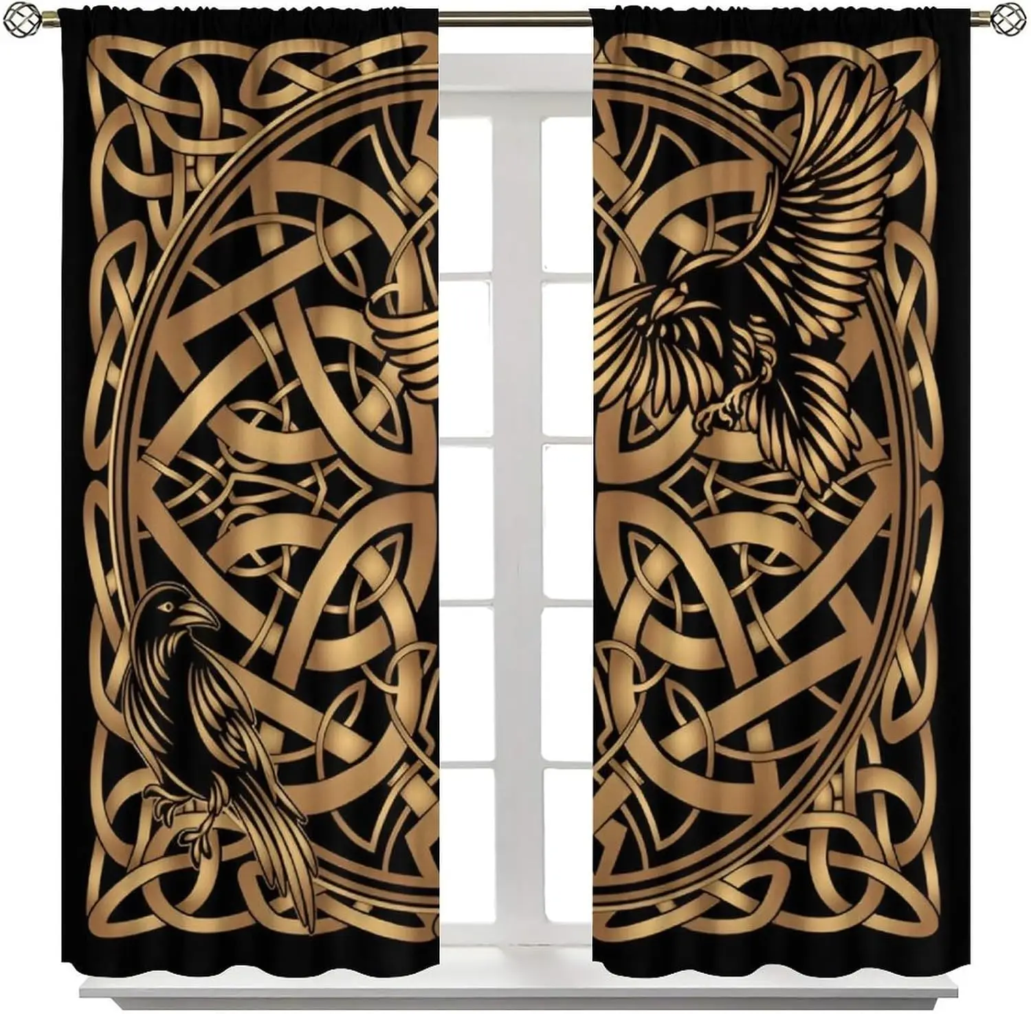 Black Gold Viking Crow Curtain Ancient Rune Tribal Pattern Rod Pocket Window Drapes Home Decor