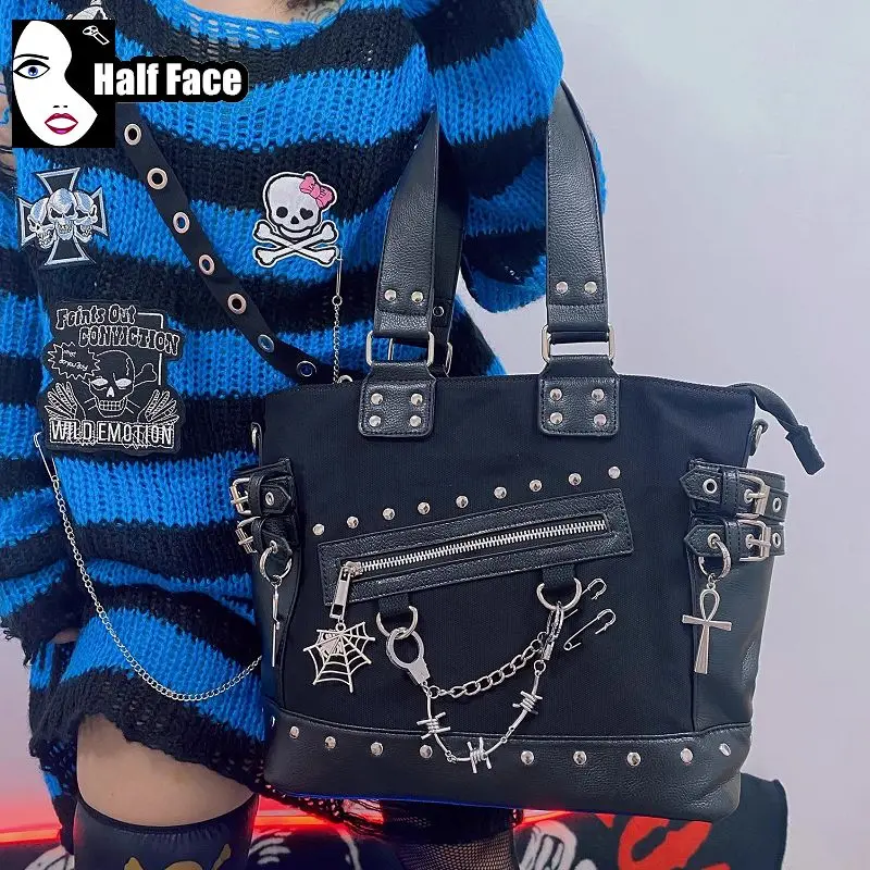 Y2K Spicy Girls Harajuku Womens Gothic Punk Lolita One Shoulder Rock Chain Rivets Leather Canvas Black Large Capacity Bags Tote