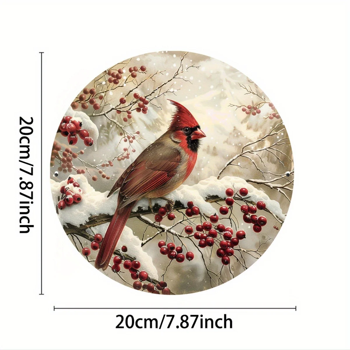 Winter Red Cardinal with Snowy Berries Round Metal Sign, 2D Flat Printed Christmas Bird Art Tin Plaque, Vintage Style Festive Ho
