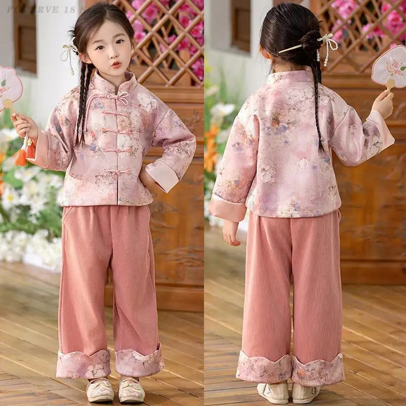 

Girls Print Flower Tang Suit 2PCS New Chinese Style Clothing Kids Spring Autumn Hanfu Set Traditional Oriental Elegant Costume