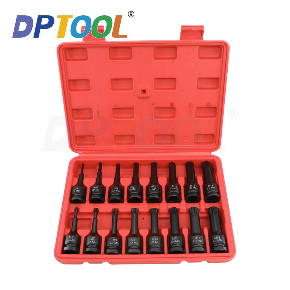 16 PCS 1/2 Impact Socket Spline Bit Set 1/2 Drive Master Impact Torx Star Bit Set M4 - M19 CR-MO