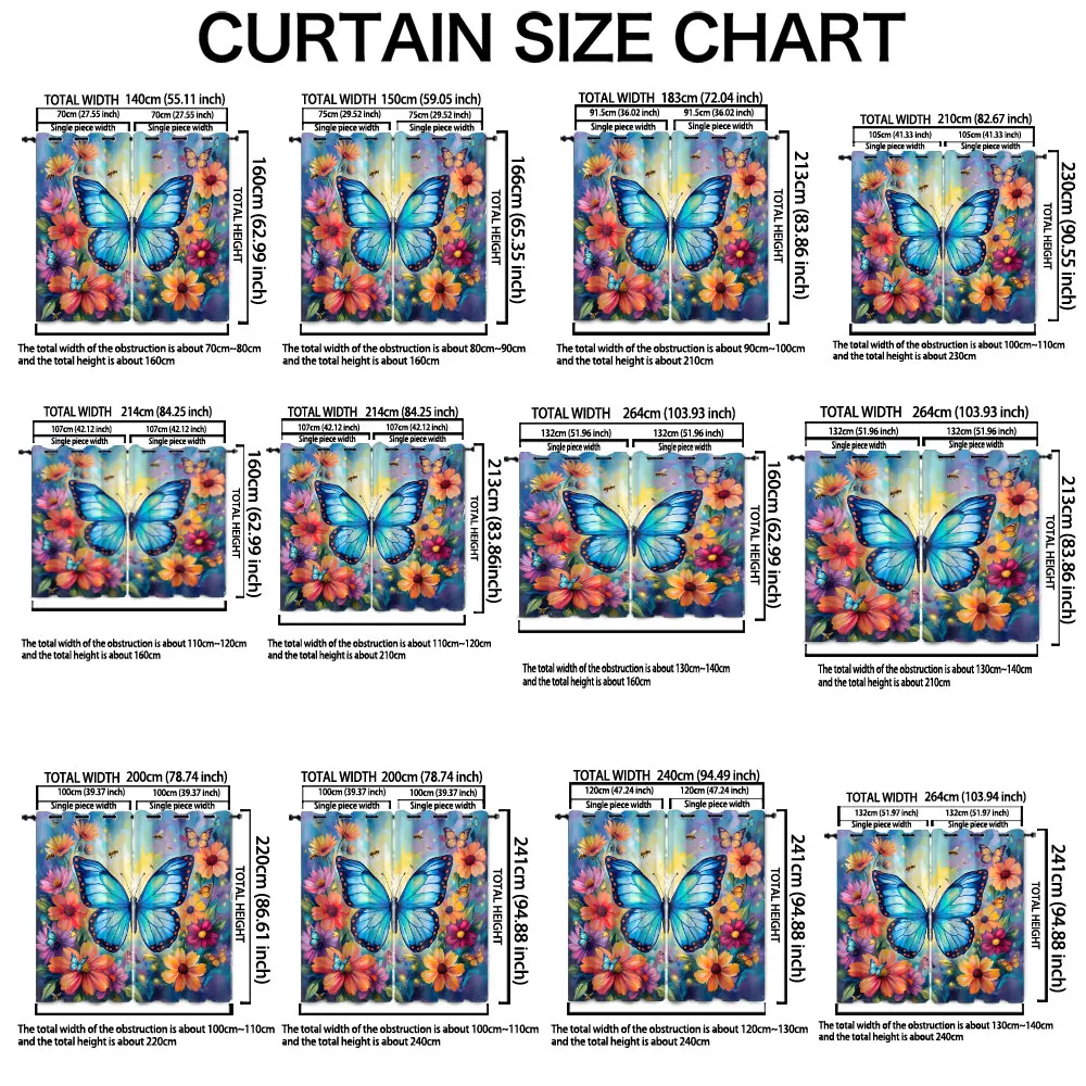 2pcs printed curtain set,blue butterflies and colorful flowers with bee decorations,weighing 90 grams. Machine-washable