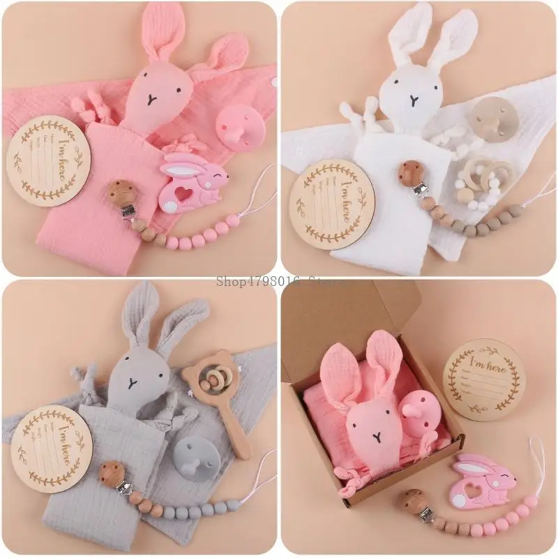 Baby Gift Set Rabbit Appease Towel Baby Pacifier Teether Pacifier Chain Card Bib