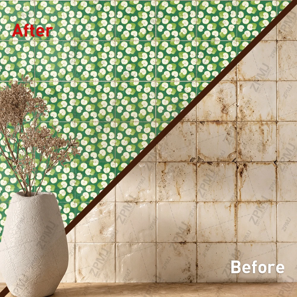 Cartoon Green Apple Fruit Wall Sticker, Fresh Sliced Apple Pattern Self Adhesive Tile Decal, Dark Decor for Bathroom