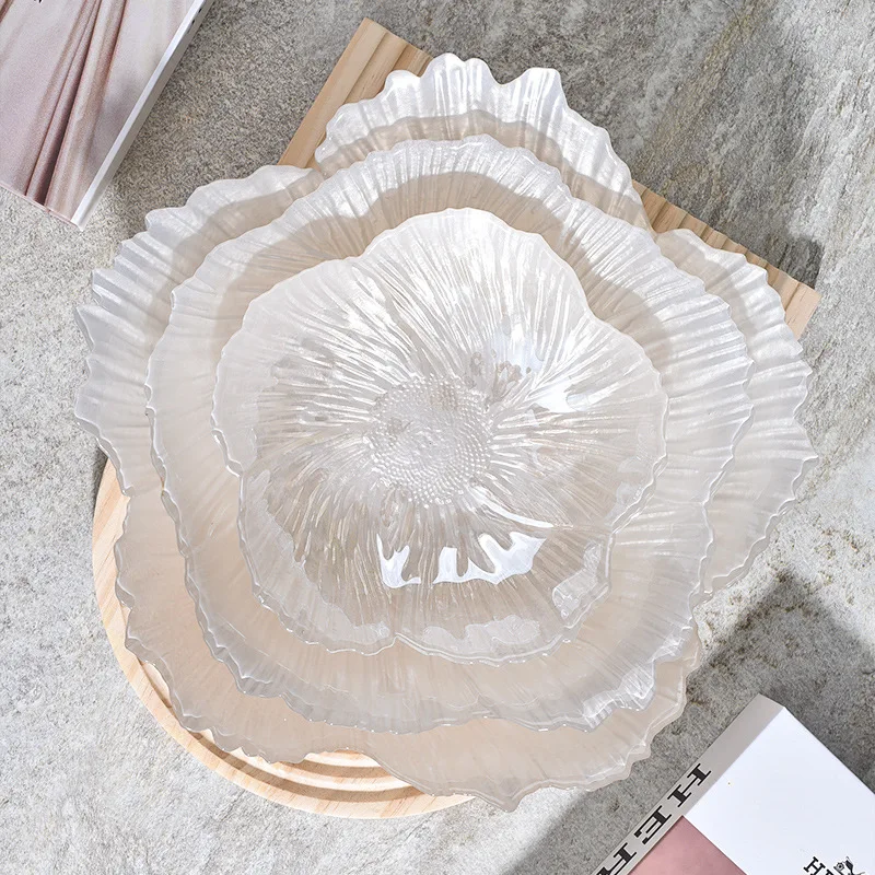 

White Glass Fruit Bowl Plate Flower-Shaped Glass Fruit Tray Fruit Holder Decorative Glass Dessert Cake Fruit Plate