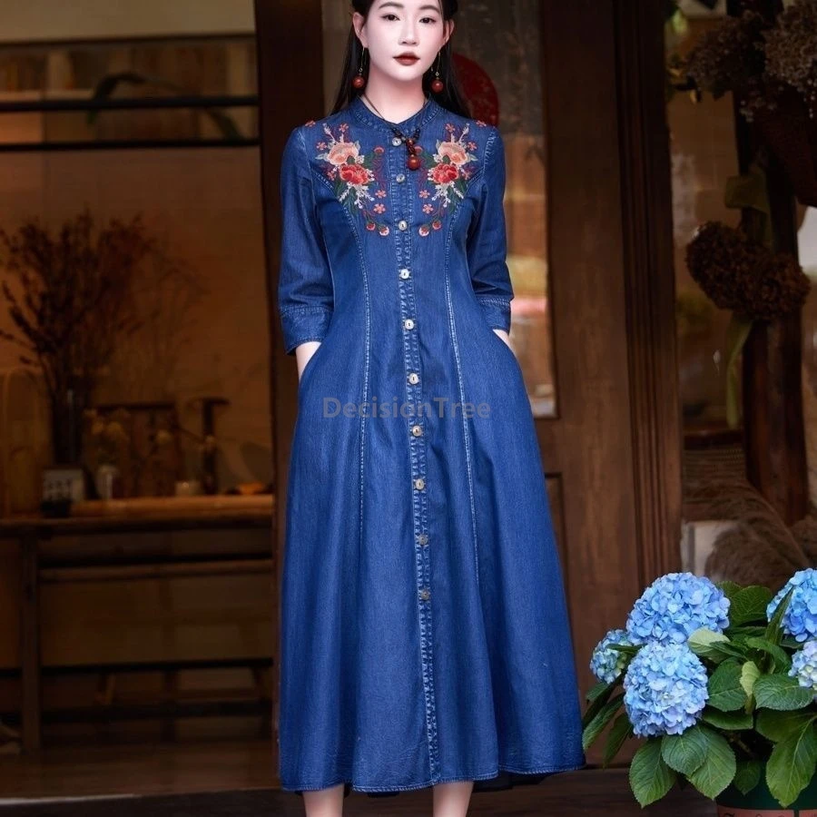 

2025 new chinese style denim embroideried dress ethnic style vintage women's daily robe fashionable temperament cardigan dress