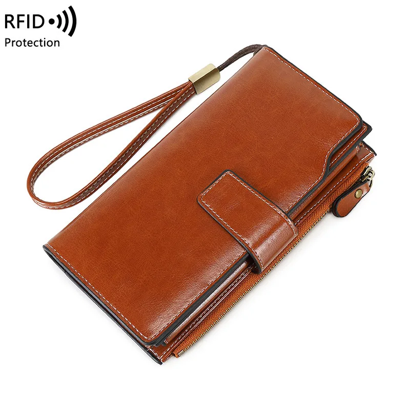 RFID Blocking Echt leder Frauen Brieftasche lange Dame Leder Geldbörse Marke Design Luxus Öl Wachs Leder weibliche Brieftasche Geldbörse