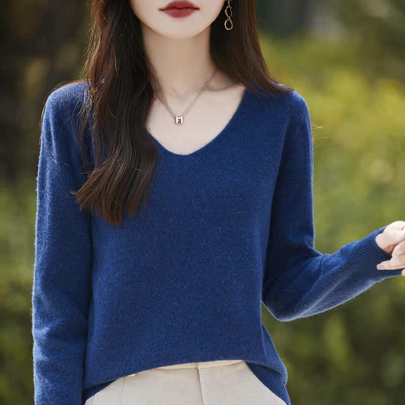 Nuevo suéter de lana para mujer, jersey de manga larga con cuello en V, prendas de punto suaves 30% de lana merina, Tops elegantes de Cachemira para primavera y otoño