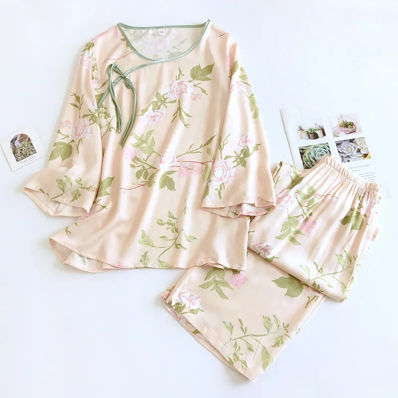 2025 New Spring/Summer Women's Viscous Cotton Pajama Set Chinese Button Home Furnishings Two Piece Set with Thin Print Pajama