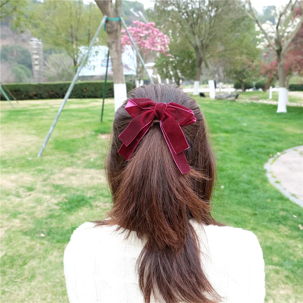 Velvet Double Bow Hair Clip Elegant Bow Tie Hairpins Barrettes Vintage Women Girls Pink Wine Red Bow Headwear Prom Accessories