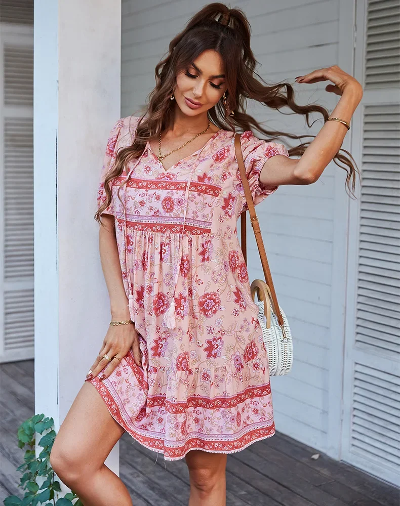 Elegant Summer V-neck Holiday Beach Dresses Spring V-neck Printed Dress for Women Short Sleeve Boho Mini Dress Party Vestidos