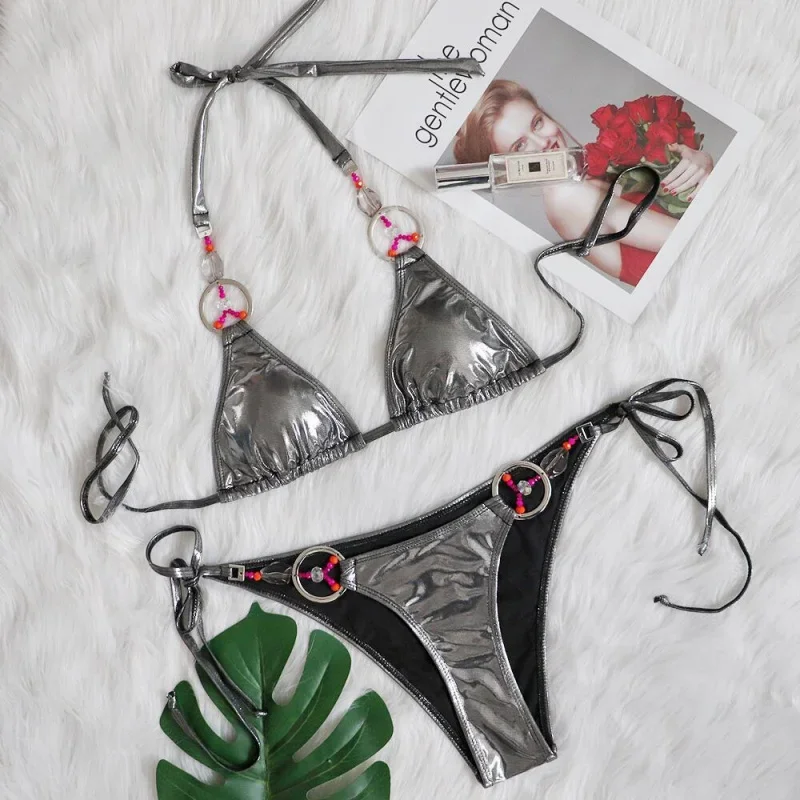 

Bikini Hot Silver Split Swimsuit Handmade Woven Crystal