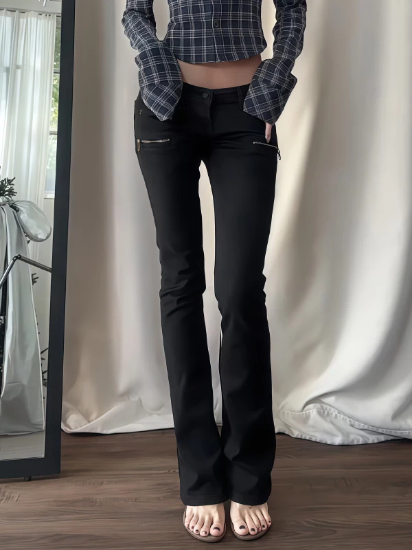 Retro American Zipper Design Low Waist Denim Pants Women's Tight Straight Leg Micro Flared Long Trousers Fall 2026