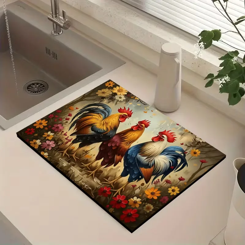 Creative and Exquisite Rooster Kitchen Drying Mat Coffee Machine Insulation Mat Elegant Beautiful Home Countertop Tablecloth Mat