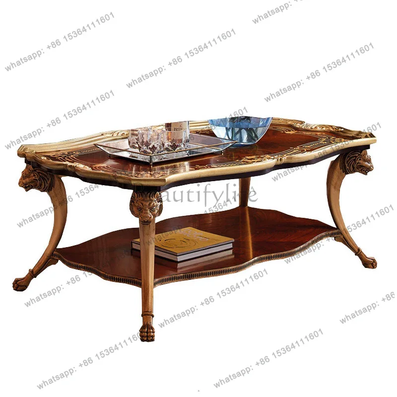 

Coffee table English gold foil mahogany core wood coffee table hand-carved gold-painted beast legs