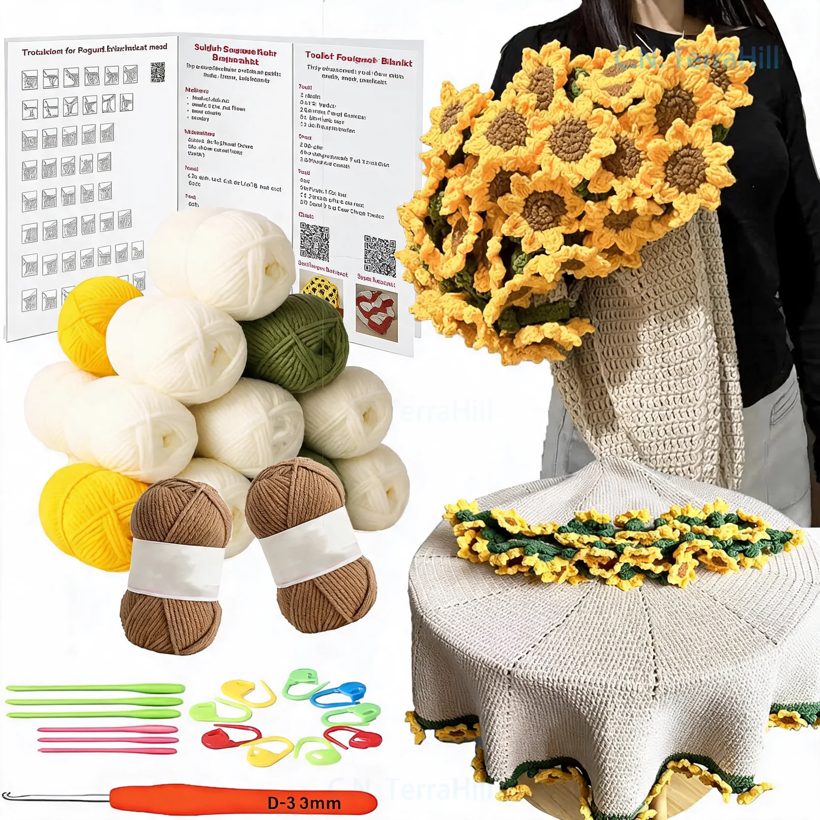 Handmade Blanket Yarn Craft Kit with Crochet Hook and Tutorial, DIY Knitting Set for Home Decor
