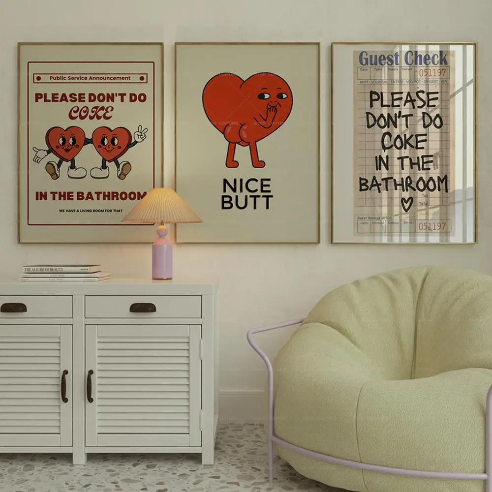 Retro Please Don't Do Coke In The Bathroom Beige Groovy Animated Hearts Wall Art Canvas Painting Posters Living Room Home Decor