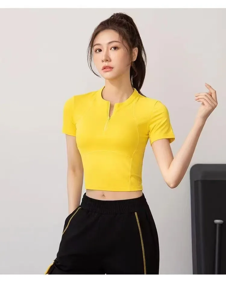 Df cf Short Zip-Up Cropped Fitness Top, Back-Beautifying Slim Fit Sports Yoga Top