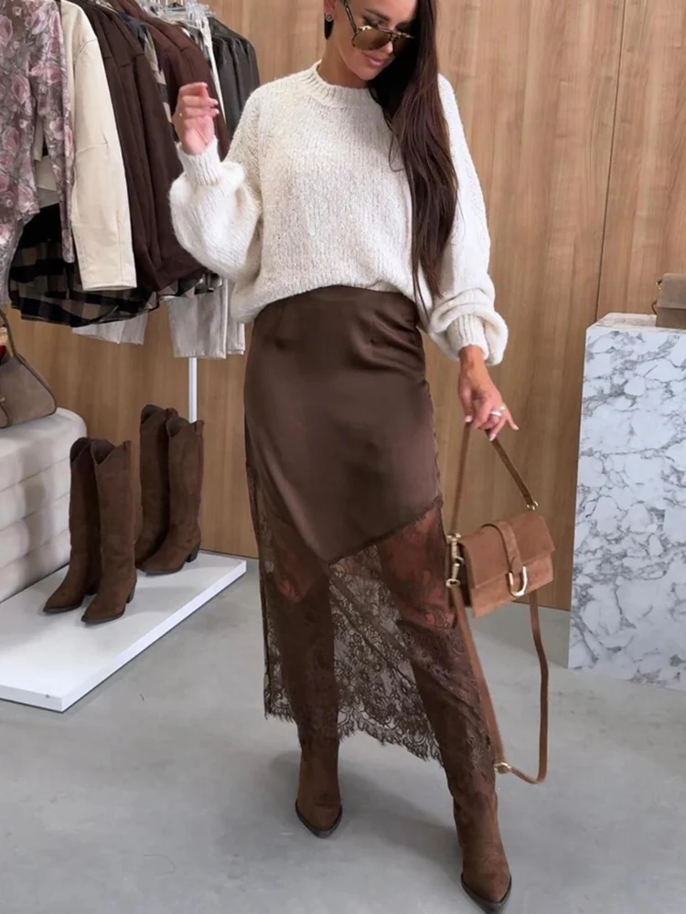 Talenza خمر الدانتيل التنانير النساء البني الدانتيل المرقعة انظر من خلال تنانير طويلة مثير عالية الخصر المجهزة مظهر الحفلات تنورة الإناث #6