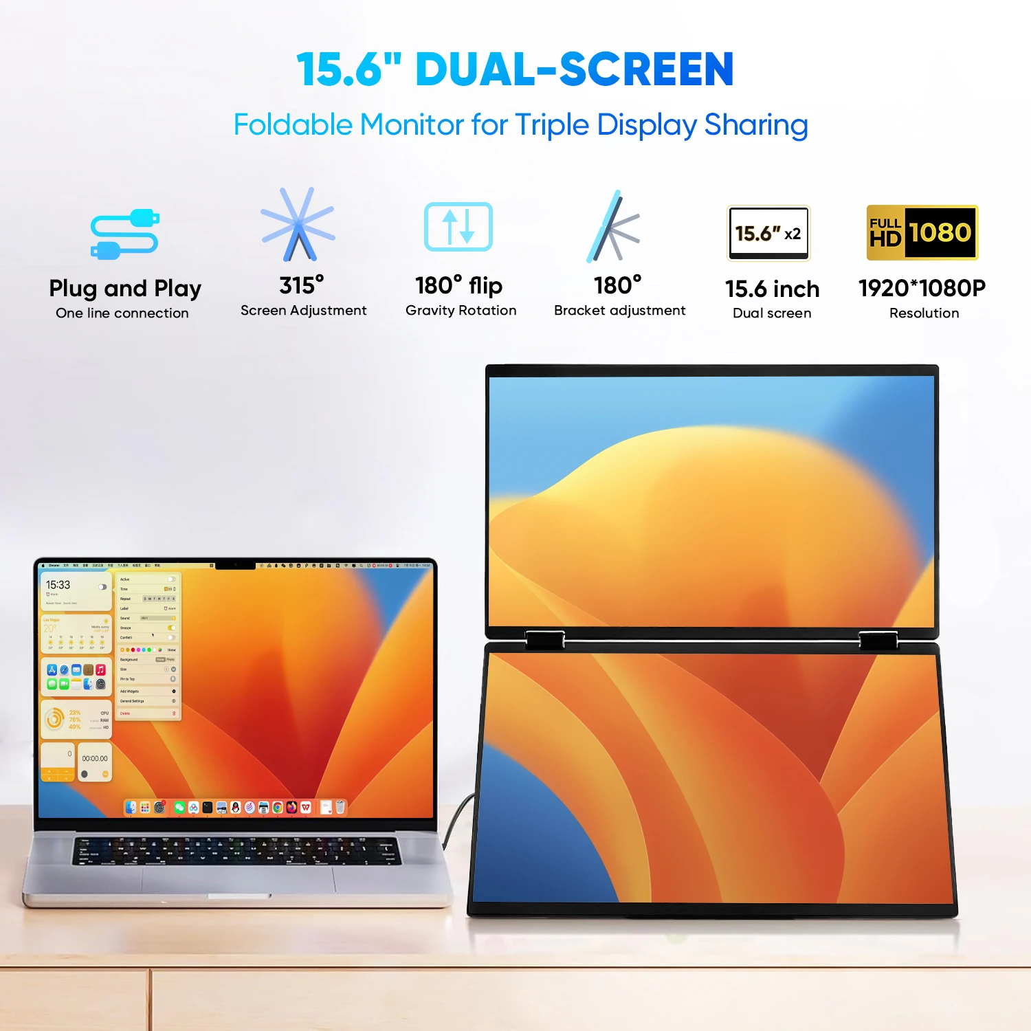 Tela dupla estendida LCD 1080P de 15,6 polegadas FHD portátil dobrável