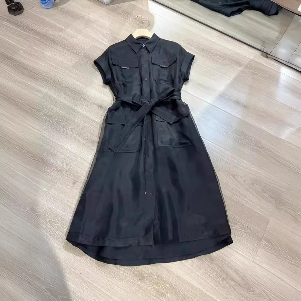 คุณภาพสูงฤดูร้อนสุภาพสตรีผ้าไหมแขนสั้นชุดความยาวกลาง A-Line Dresses