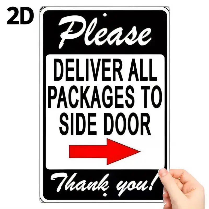 2D Flat Deliver Packages to Side Door Metal Tin Sign - Black White Red Design, Iron, Retro Wall Art for Home Delivery Area Decor