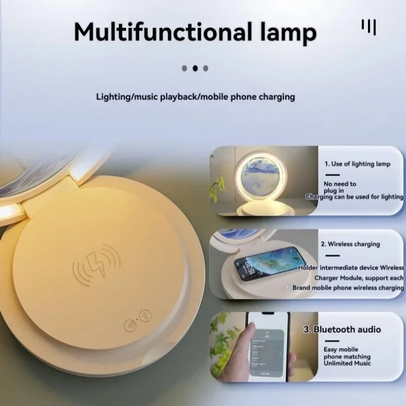 

Новая оригинальная складная прикроватная лампа «три в одном» с рисунком песка, многофункциональная беспроводная зарядка, звуковая система Bluetooth, музыка