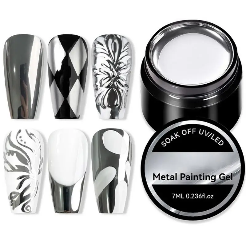 Metall-Nagellack, 7 ml, silberner Metall-Nagellack, hochglänzende, reflektierende Farbe, 3D-Nagelgel mit Metalleffekt für Maniküre-Zubehör