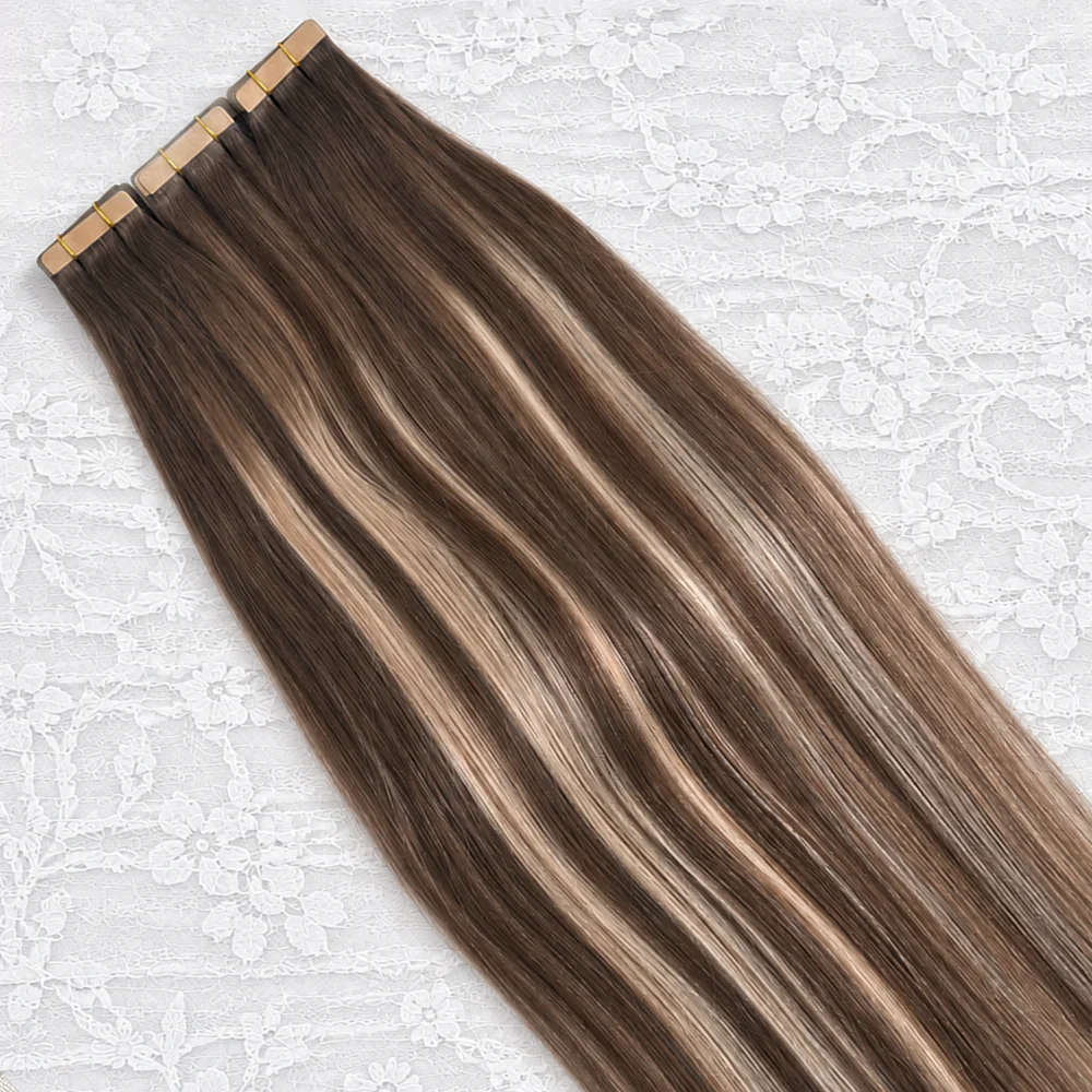 Seamless Skin Weft PU Tape Hair Extensions 100% Remy Human Hair T4 27 P4 Brown Highlight Blonde Straight 21 Pcs Per Pack For Women