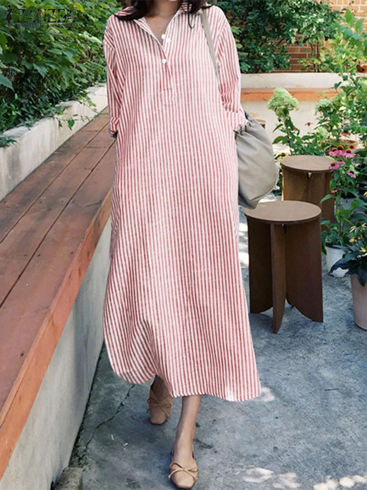ZANZEA スタイリッシュなストライプ柄シャツワンピース レディース 2025年秋 長袖 ターン ダウンカラー ミディ丈ワンピース ストリートウェア 通勤 ローブ ファム