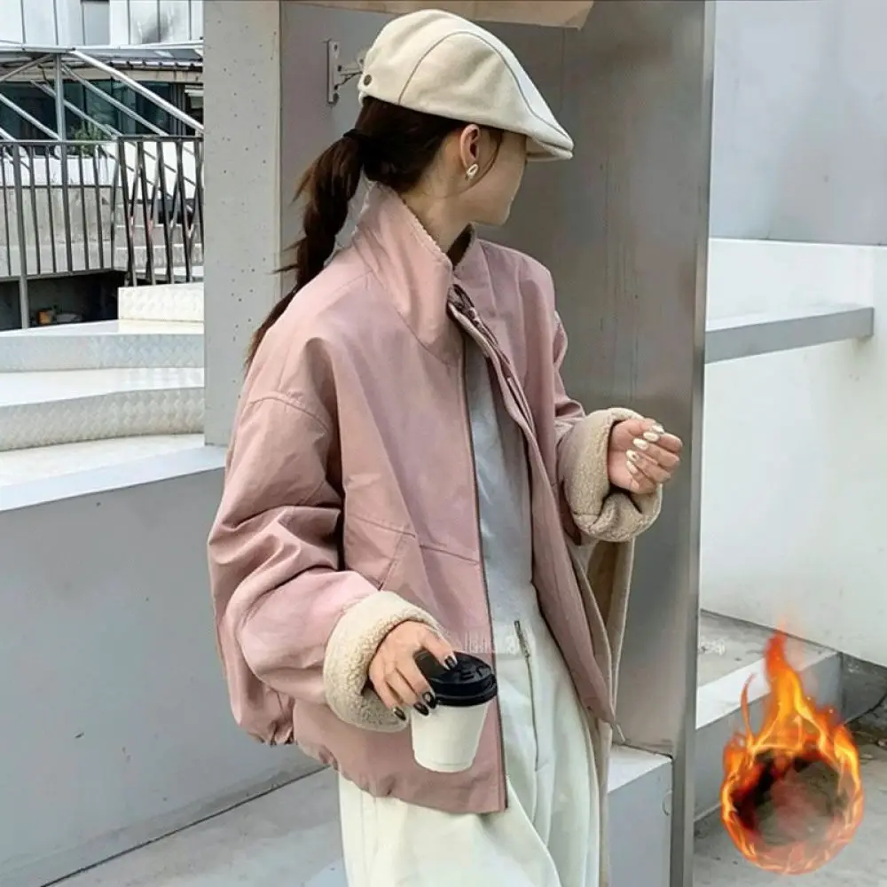 Womens Short Parka Coat Winter Lamb Wool Lining Thick Warm Loose Fit Casual Stand Collar Fashion Zipper Jacket 5