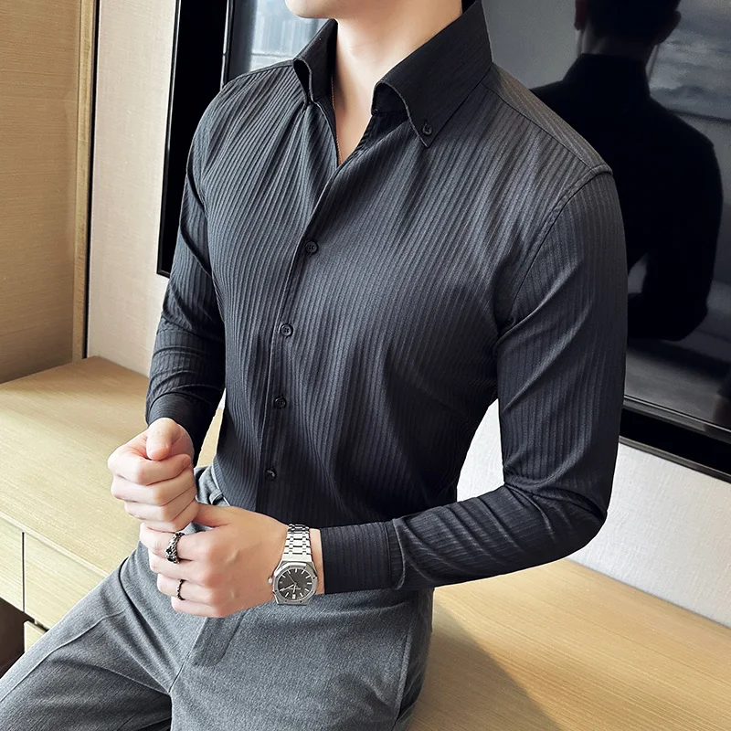 Men Striped Shirts 2023 Autumn British Style Long Sleeve Slim Fit Shirt Streetwear Solid Casual Dress Shirt Fashion Men Clothing