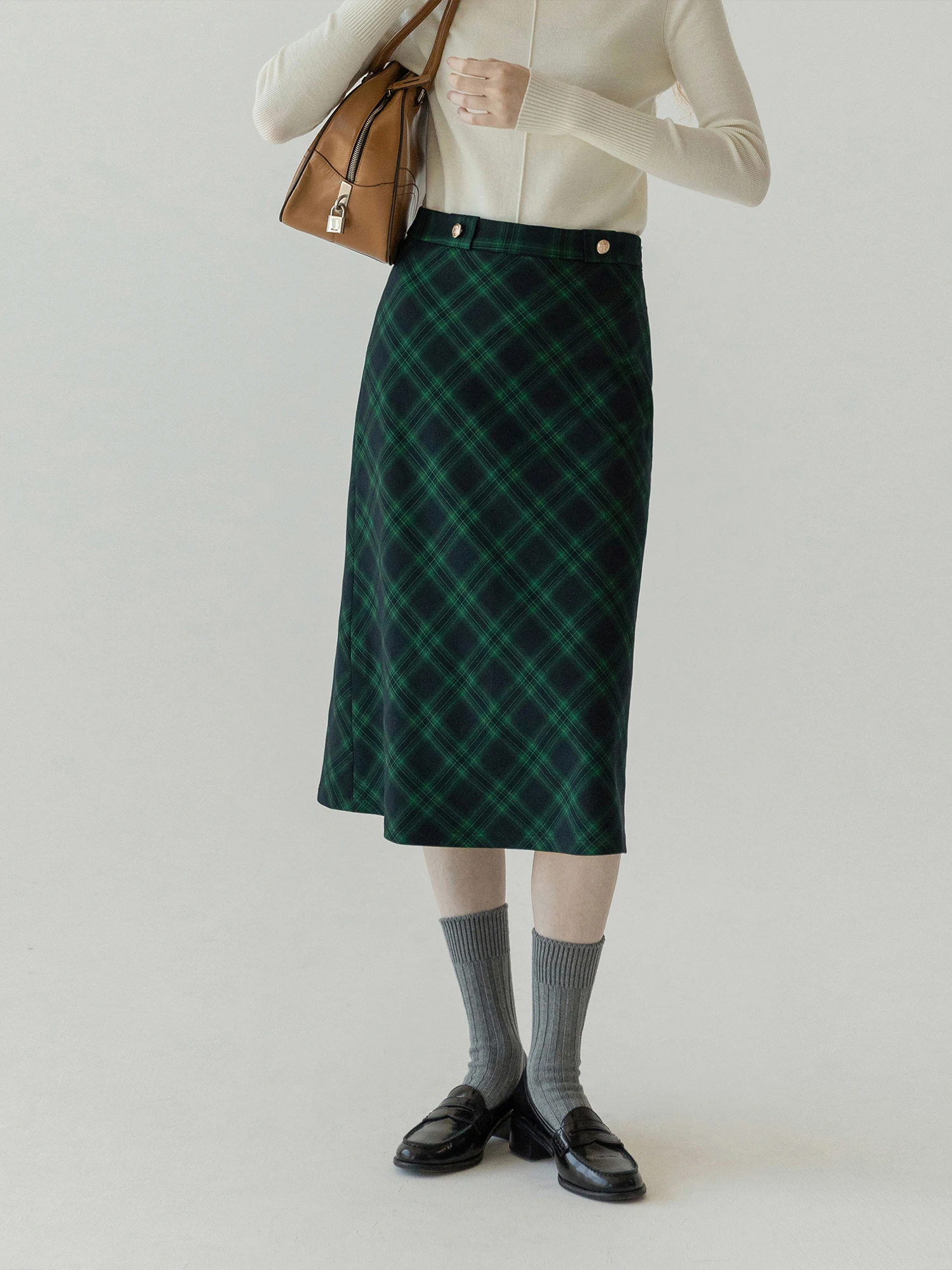 High Waist A-Line Midi Skirt Retro British Green Plaid Elegant Women's Summer Autumn Season Polyester Fiber Zipper Style Casu...